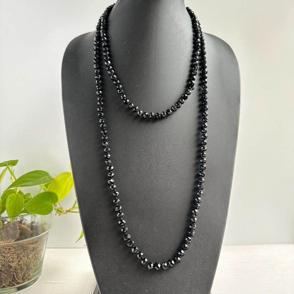 Art Deco 1920s Black Glass Bead Opera Necklace 57”